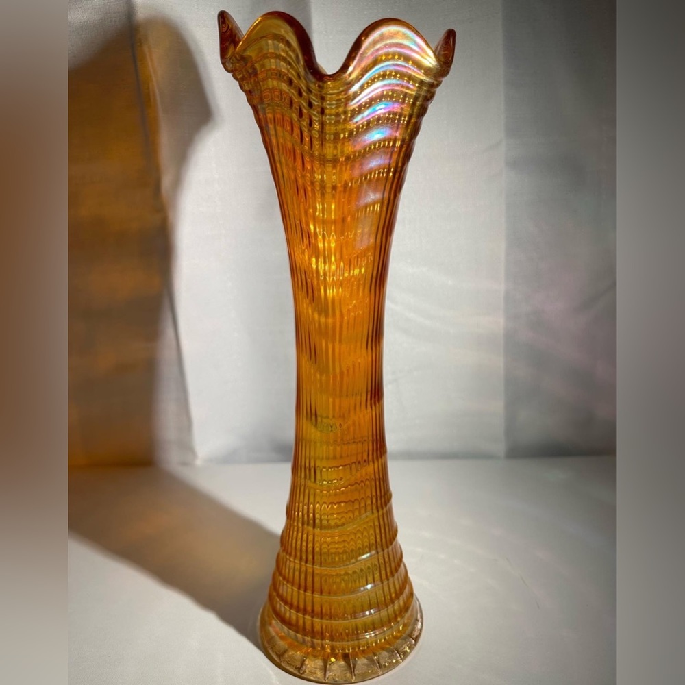 Vintage Imperial Carnival Glass Marigold Ripple Swung Vase